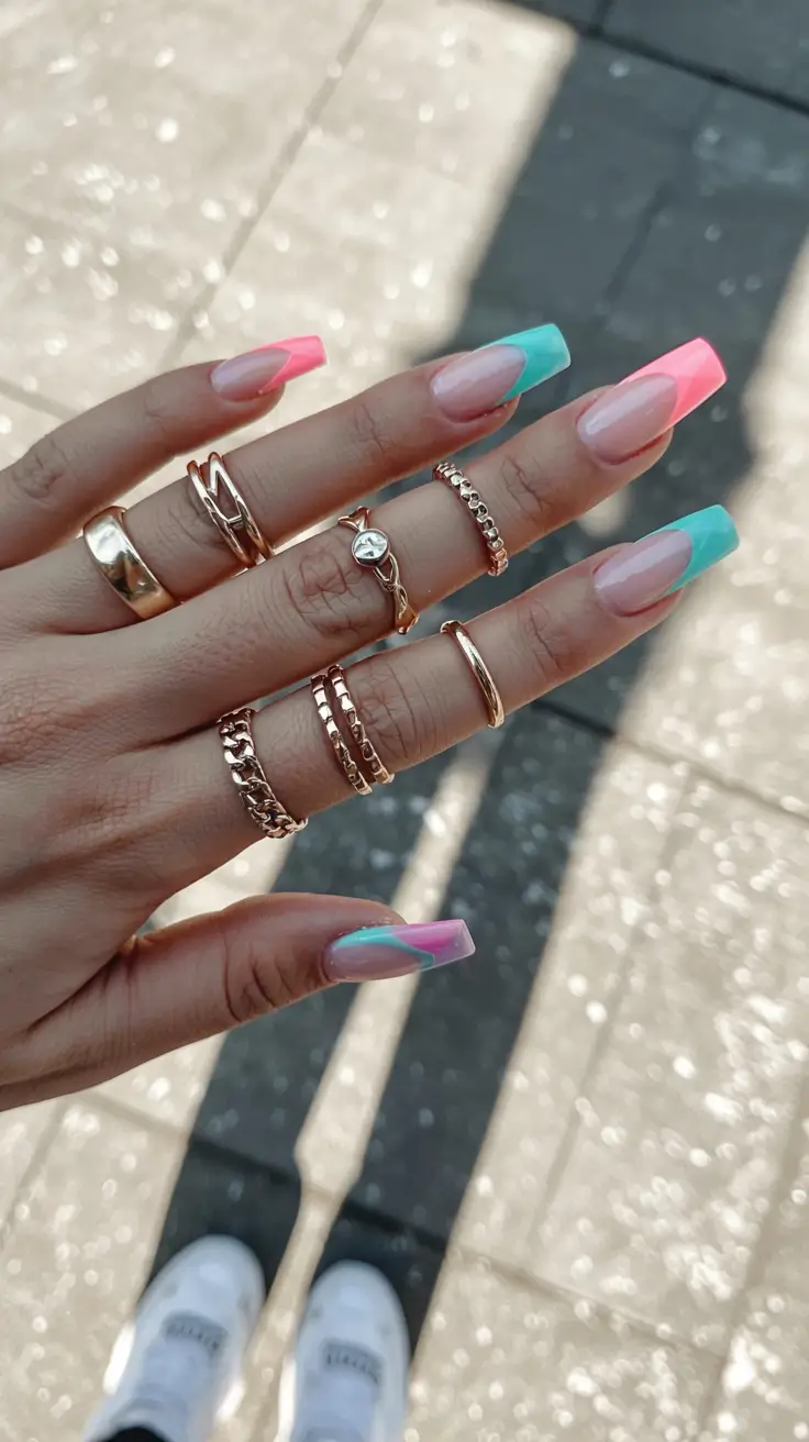 minimalist spring nails coffin 2026 Sunrise & Seafoam Ombre Tips