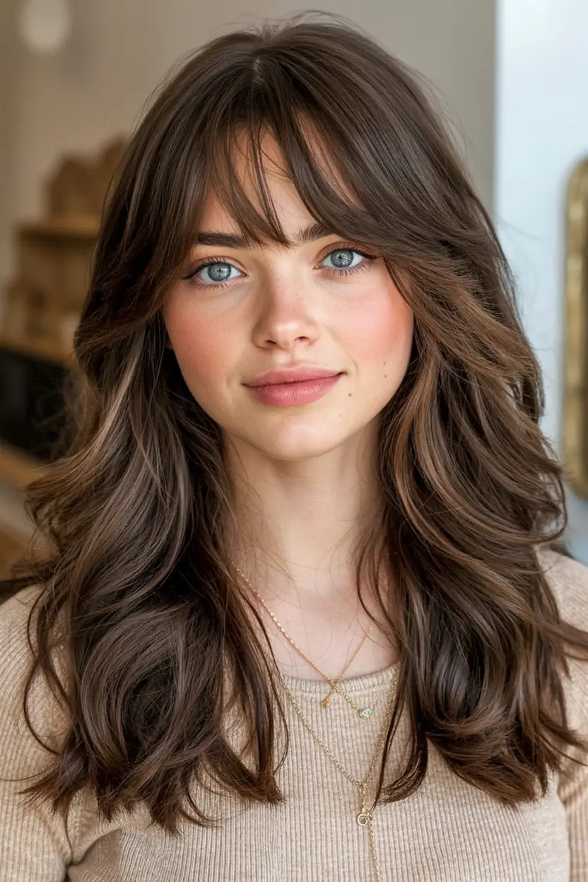 modern spring haircut with bangs for 2026 Layered Chestnut Soft Shag With Feathered Bangs