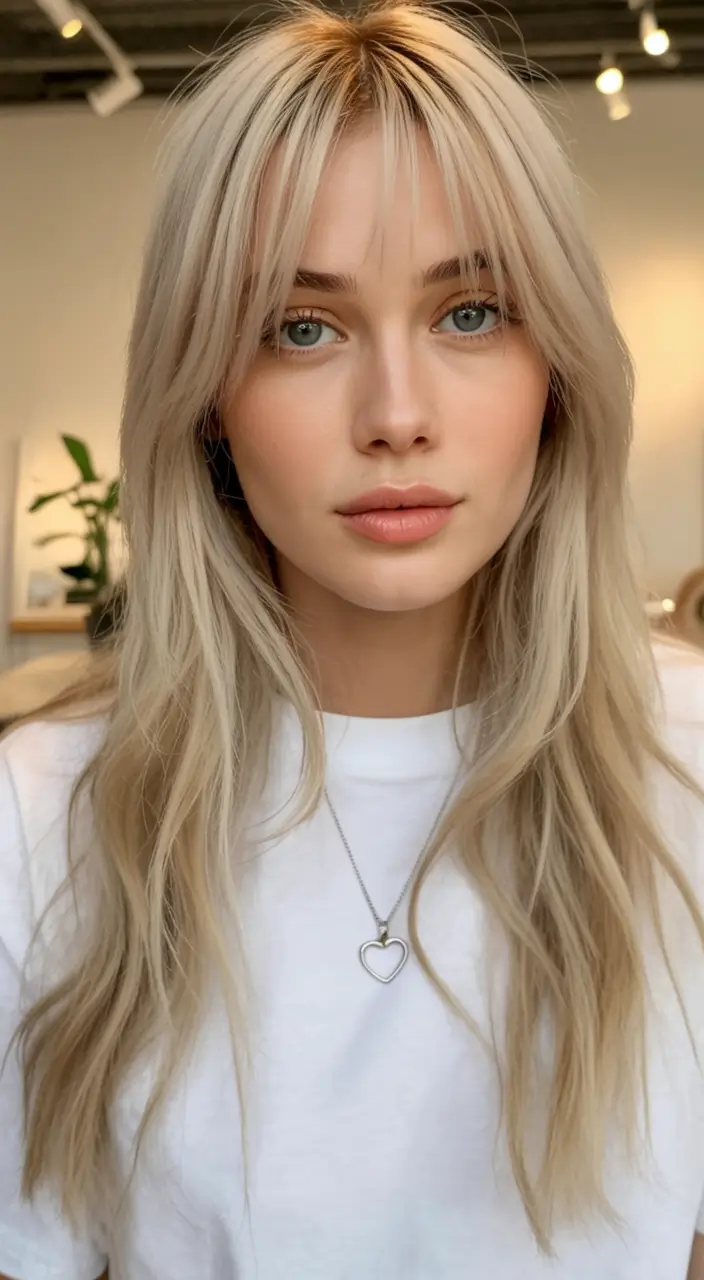 modern spring haircut with bangs for 2026 Platinum Cream Layers With Feathered Split Bangs