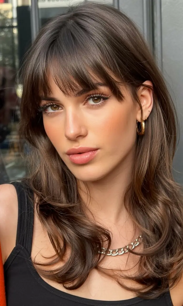modern spring haircut with bangs for 2026 Rich Brunette Shaping With Full Textured Bangs