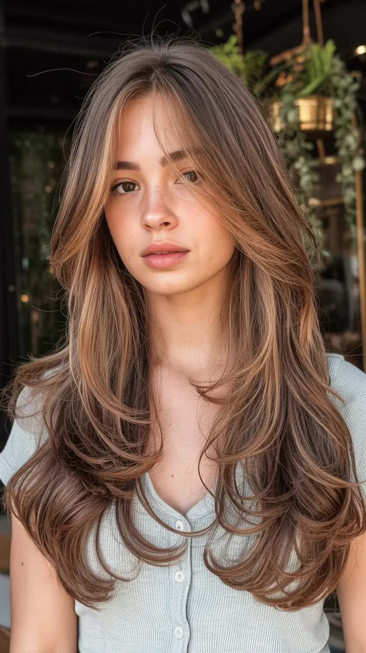 modern spring haircut with bangs for 2026 Layered Caramel Blowout With Swept Bardot Bangs