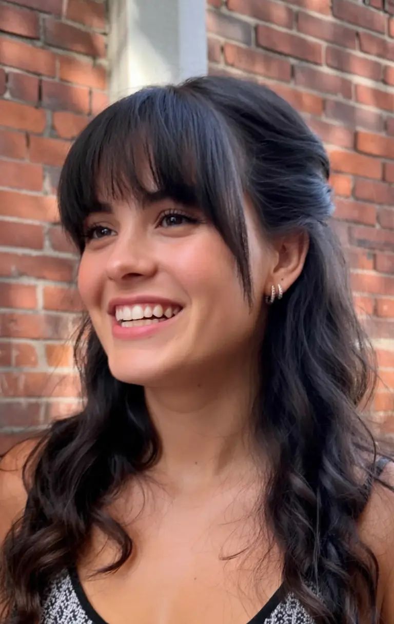 modern spring haircut with bangs for 2026 Glossy Half-Up Waves With Soft Full Bangs
