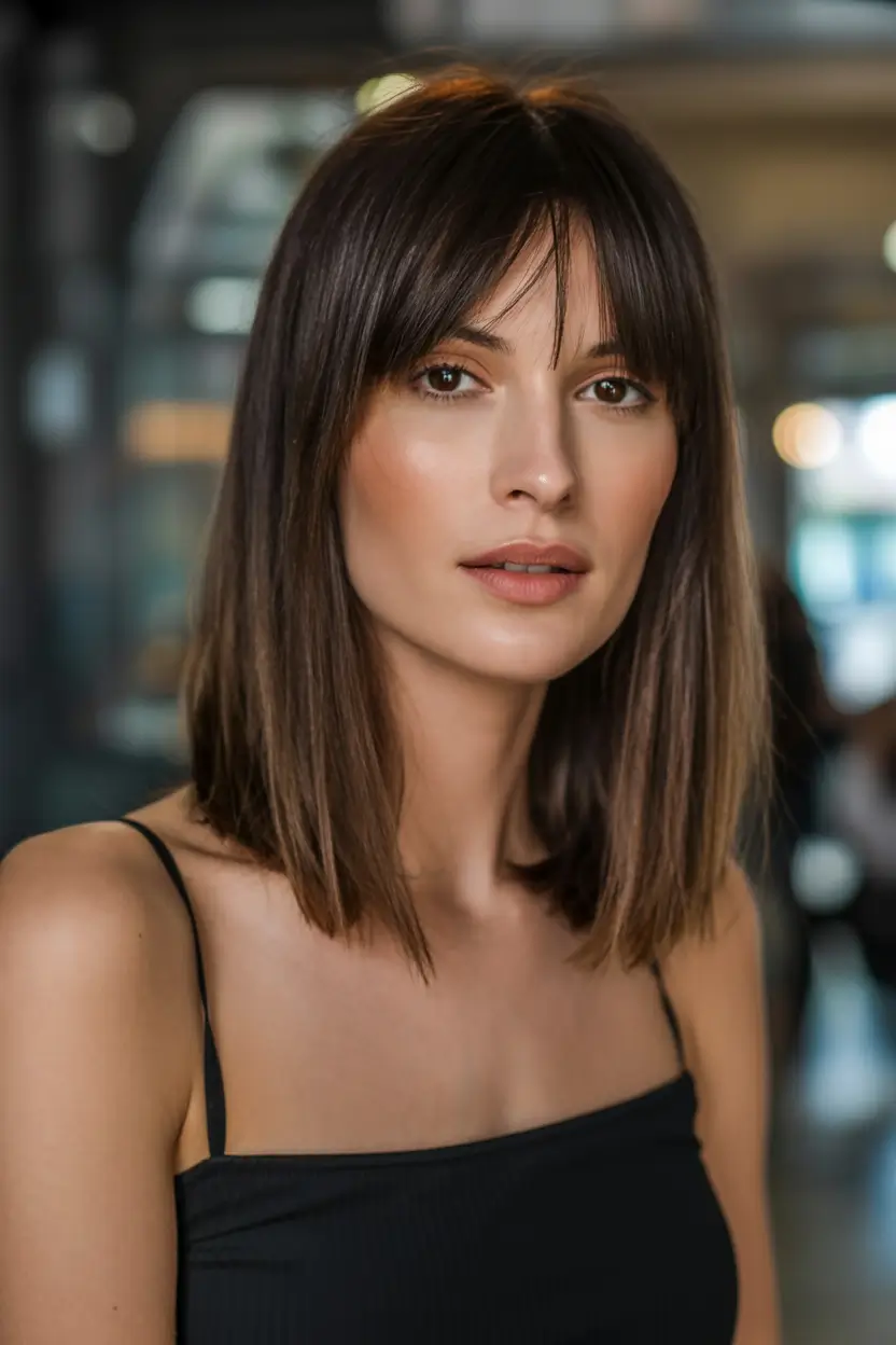 modern spring haircut with bangs for 2026 Blunt Mid-Length Cut With Air-Split Curtain Bangs