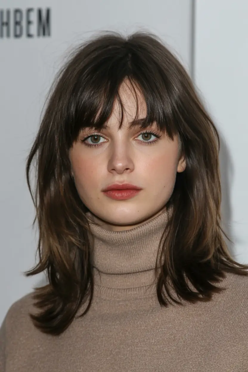 modern spring haircut with bangs for 2026 Classic Shoulder-Length Shag With Soft Full Fringe