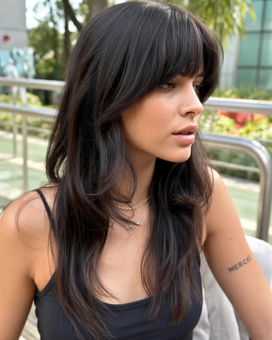 modern spring haircut with bangs for 2026 Long Sleek Layers With Rounded Baby Bangs