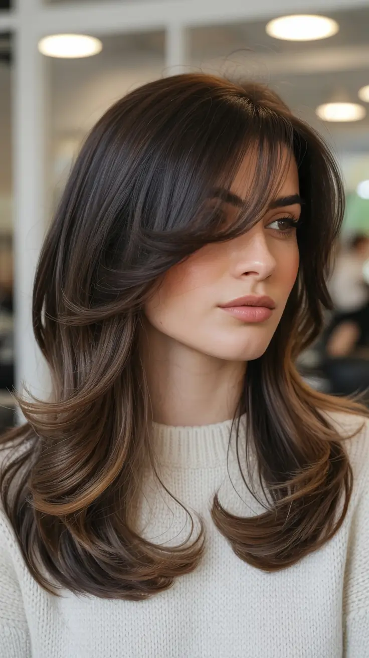 modern spring haircut with bangs for 2026 Dimensional Brunette Blowout With Curtain Lift Bangs