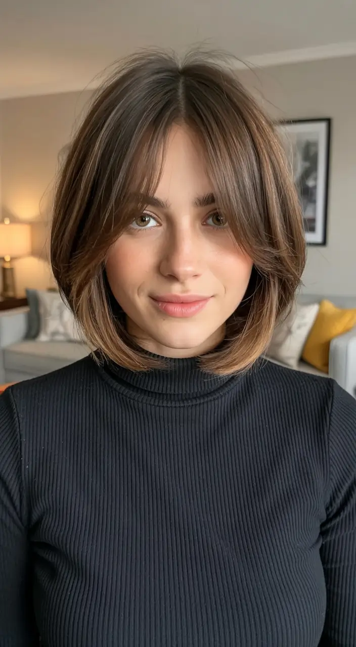 modern spring haircut with bangs for 2026 Rounded Chin-Length Bob