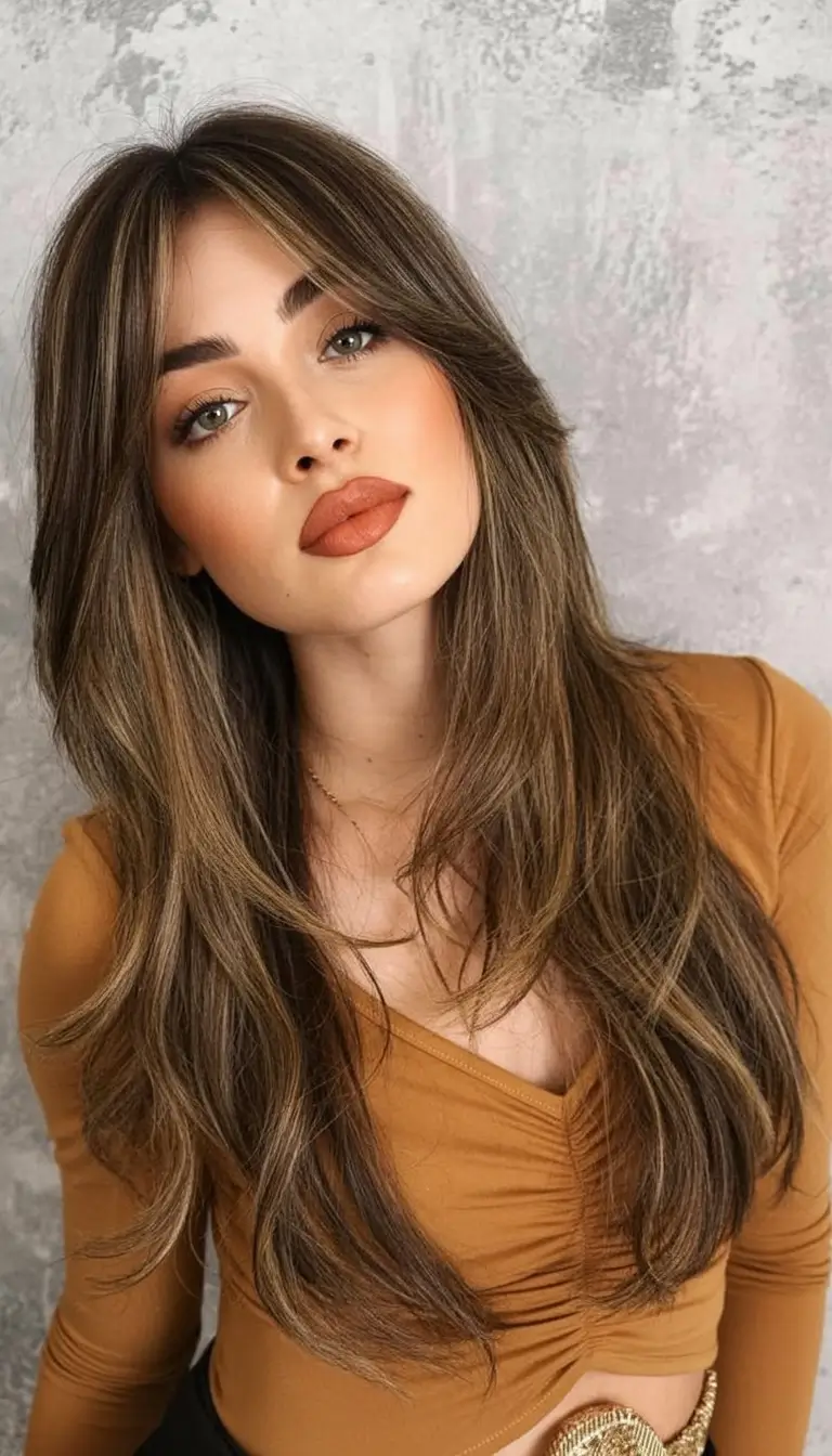 modern spring haircut with bangs for 2026 Bronzed Layer Cascade