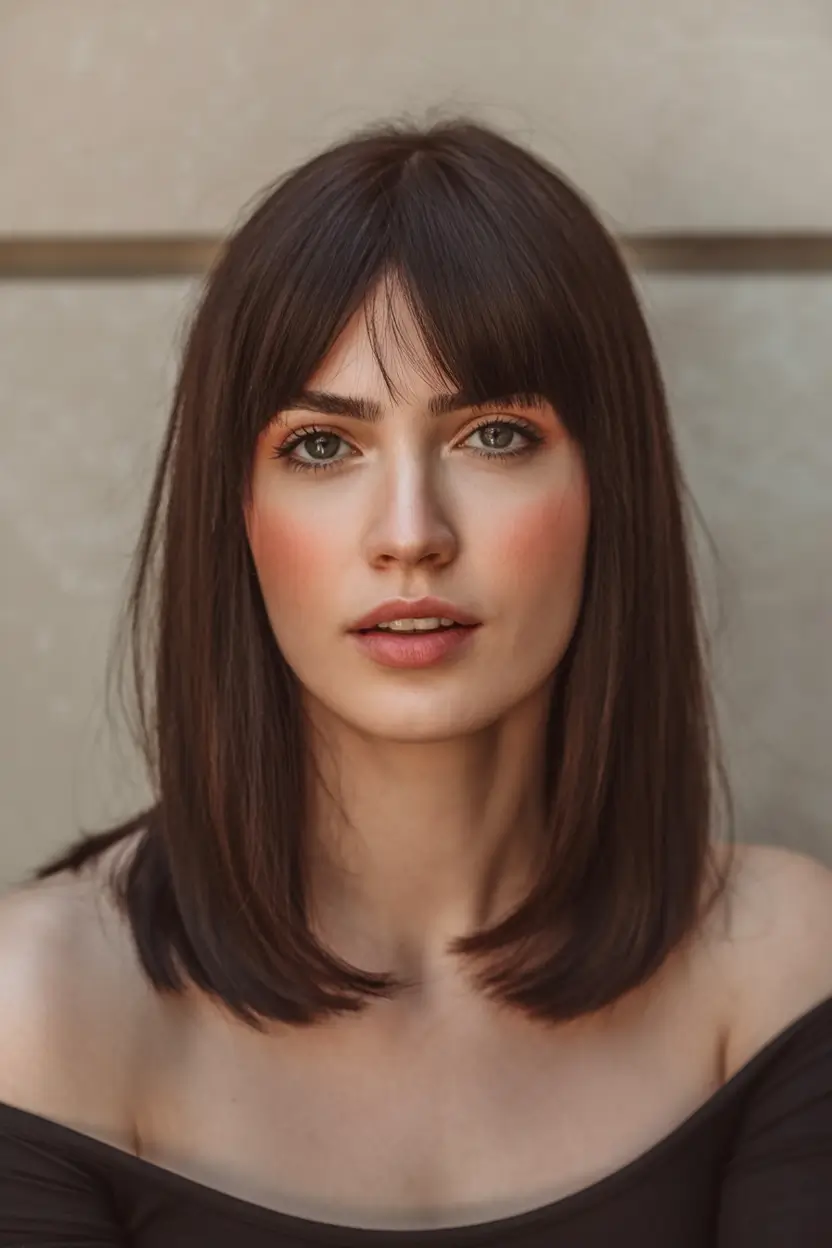 modern spring haircut with bangs for 2026 Minimalist Shoulder-Length Cut With Sleek Micro Curtain Bangs