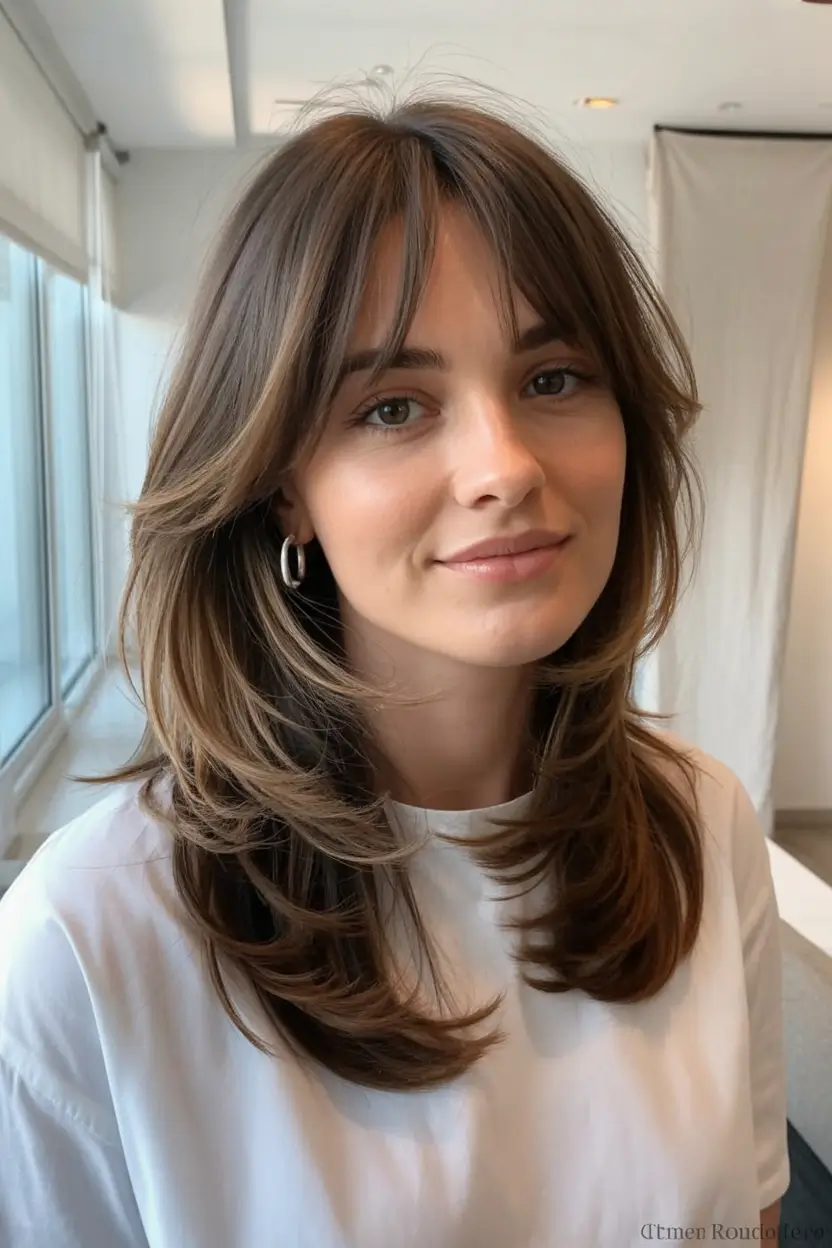 modern spring haircut with bangs for 2026 Feathered Brunette Layers With Wispy Bangs