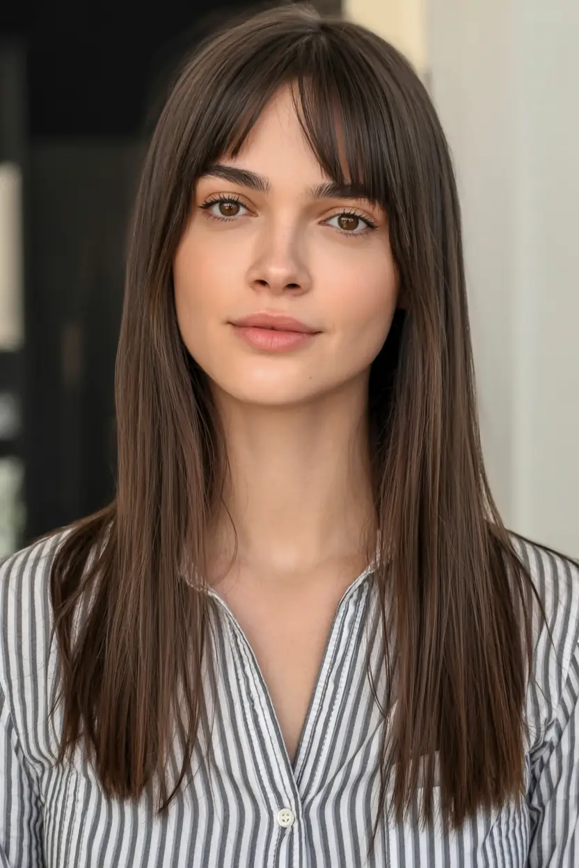 modern spring haircut with bangs for 2026 Straight Long Layers With Silky Tapered Bangs