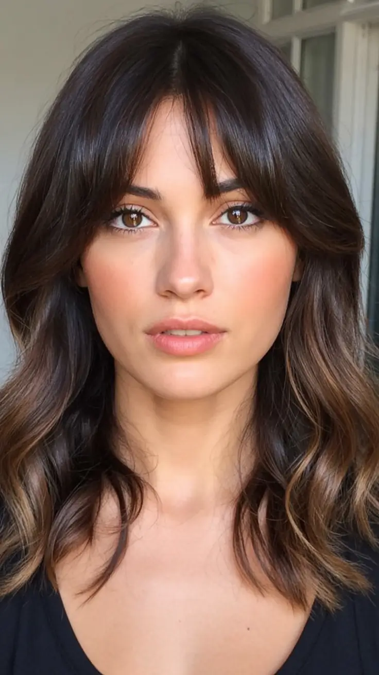 modern spring haircut with bangs for 2026 Warm Brunette Waves With Breezy Center-Parted Bangs