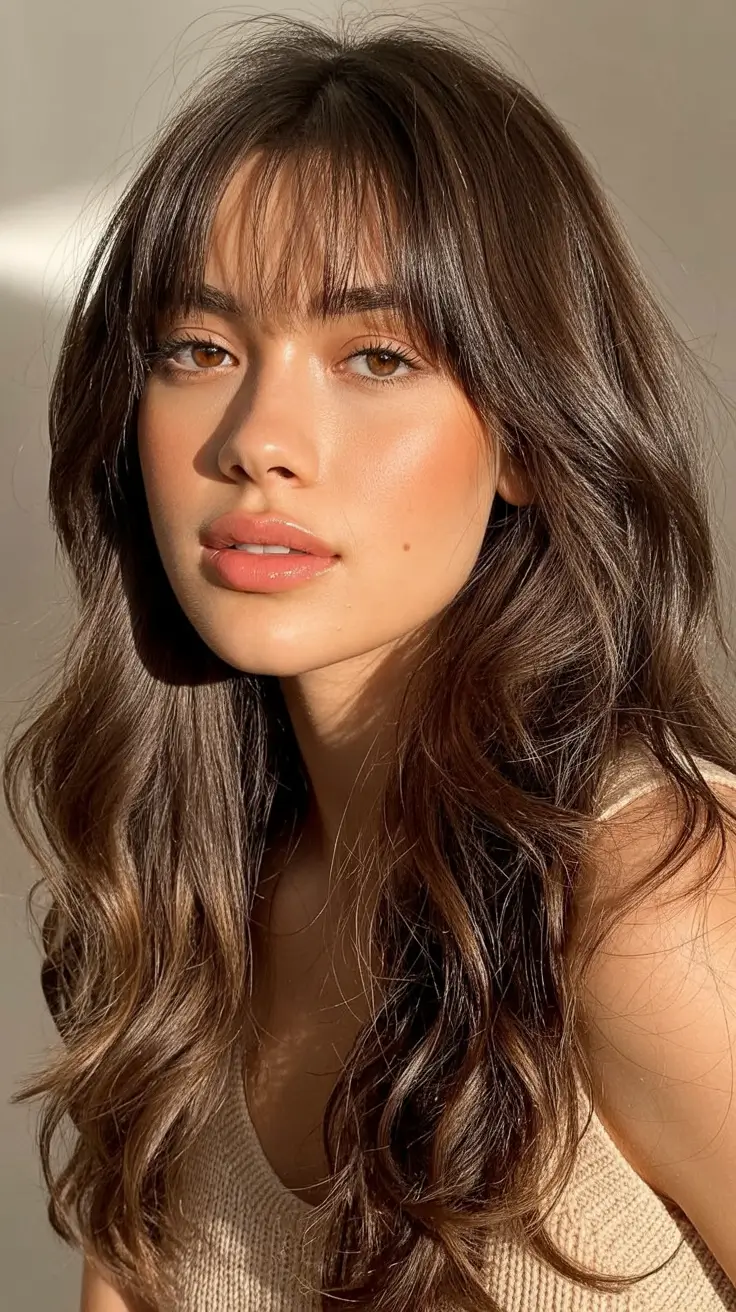 modern spring haircut with bangs for 2026 Sunlit Waves With Whisper-Thin Baby Bangs