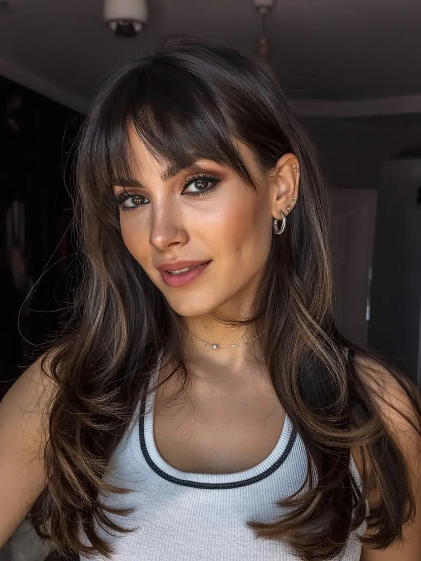 modern spring haircut with bangs for 2026 Voluminous Brunette Layers With Full Wispy Fringe