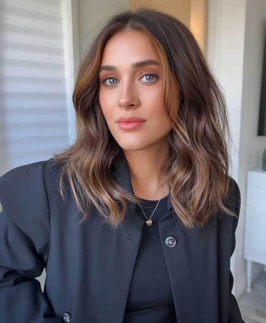 must try spring haircuts for women over 40 2026 Warm Brunette Wavy Lob With Face-Framing Accents