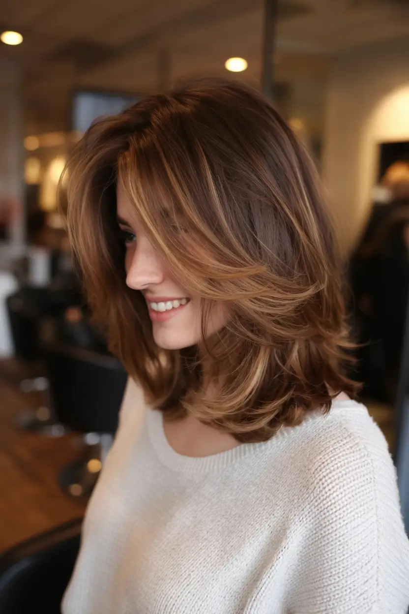 must try spring haircuts for women over 40 2026 Chocolate Layered Swoop With Sun-Kissed Warmth
