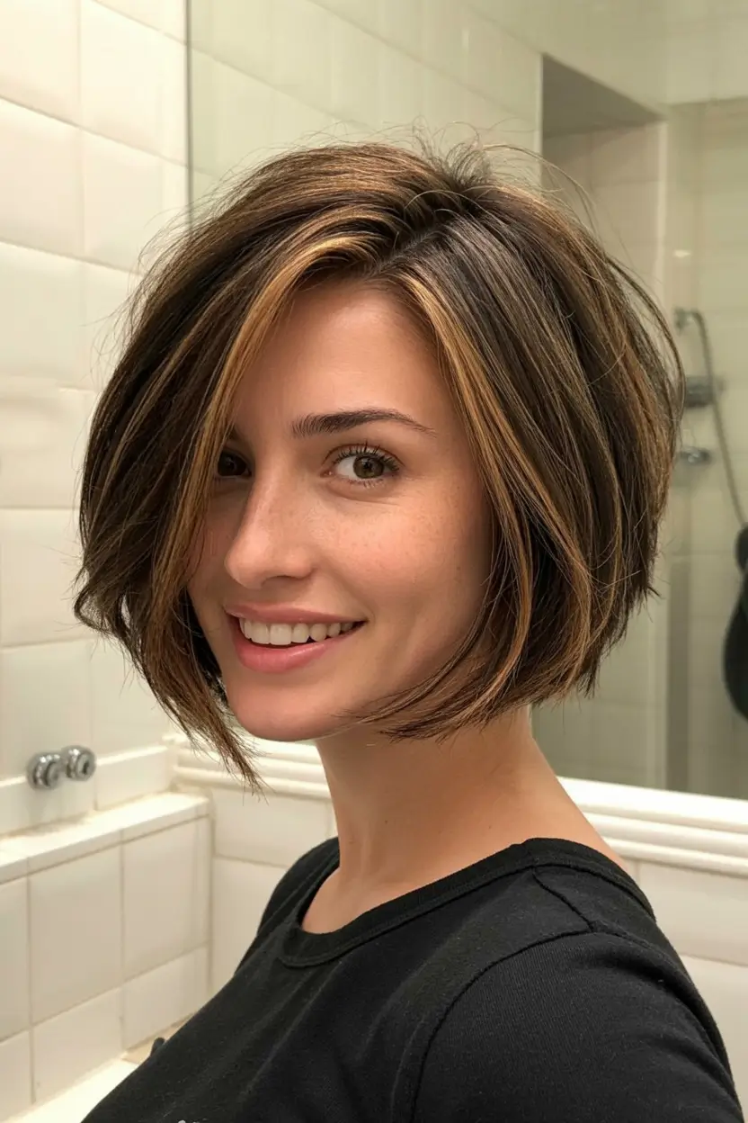 must try spring haircuts for women over 40 2026 Dimensional Short Bob With Caramel Ribbons