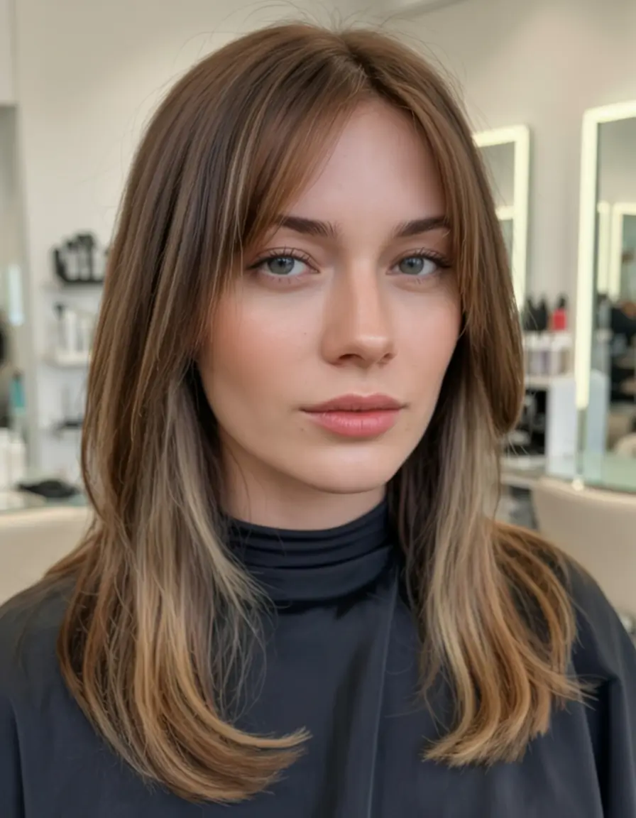 must try spring haircuts for women over 40 2026 Layered Long Bob With Curtain Fringe