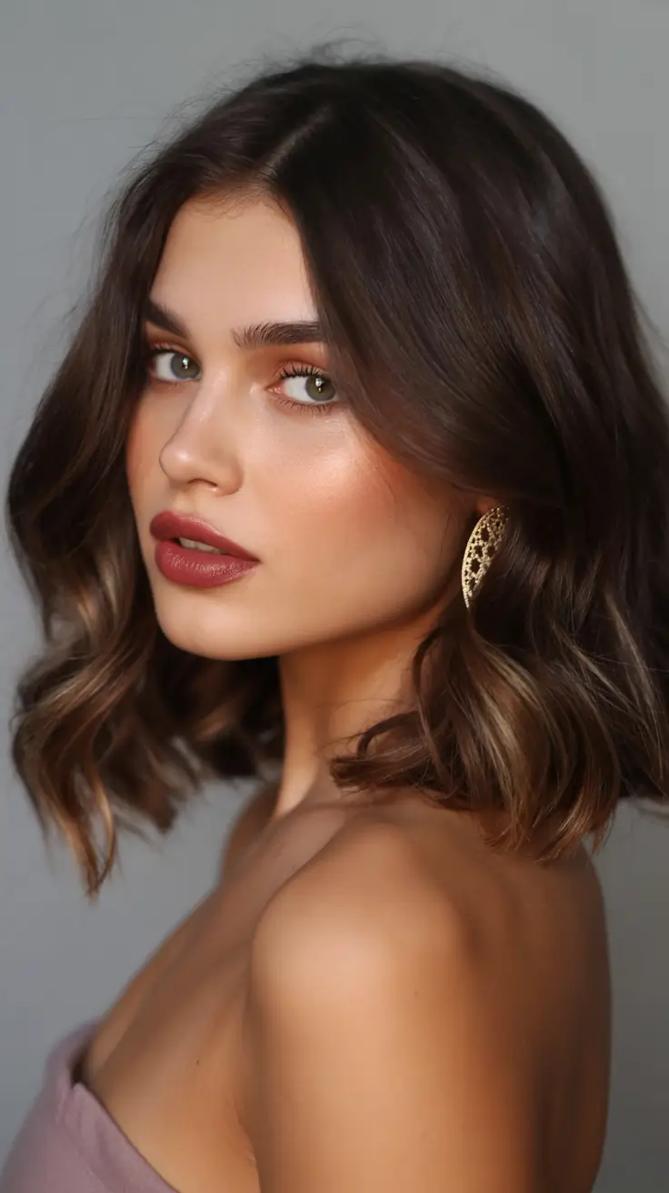 natural spring hair color for tan skin 2026+Espresso Chai Soft Bob with Caramel Ends