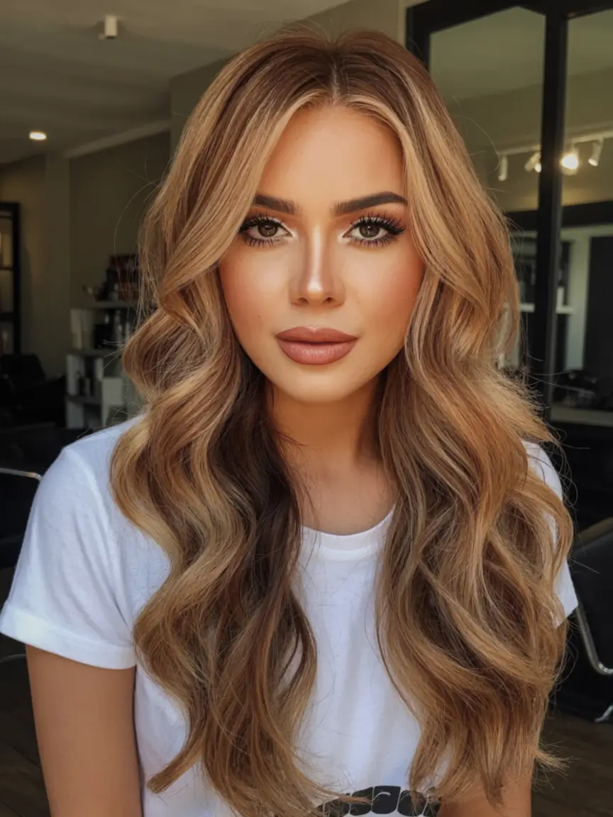natural spring hair color for tan skin 2026+Champagne Beige Blowout with Soft Volume
