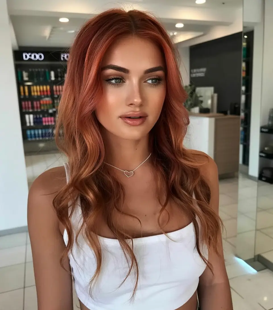 natural spring hair color for tan skin 2026+Sunset Copper Melt with Beachy Red Ends