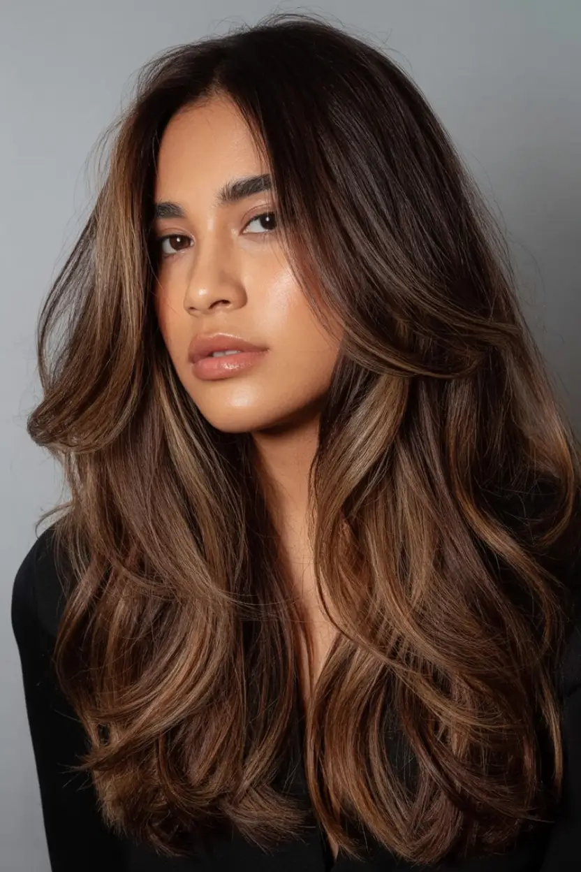 natural spring hair color for tan skin 2026+Maple Brunette Blowout with Walnut Veins