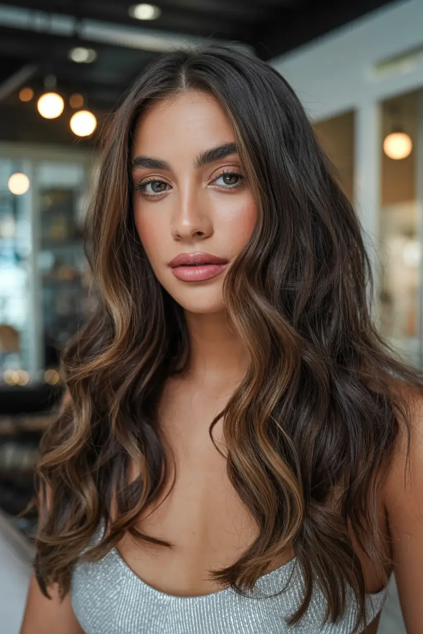 natural spring hair color for tan skin 2026+Subtle Mocha Balayage with Flowy Glam Waves