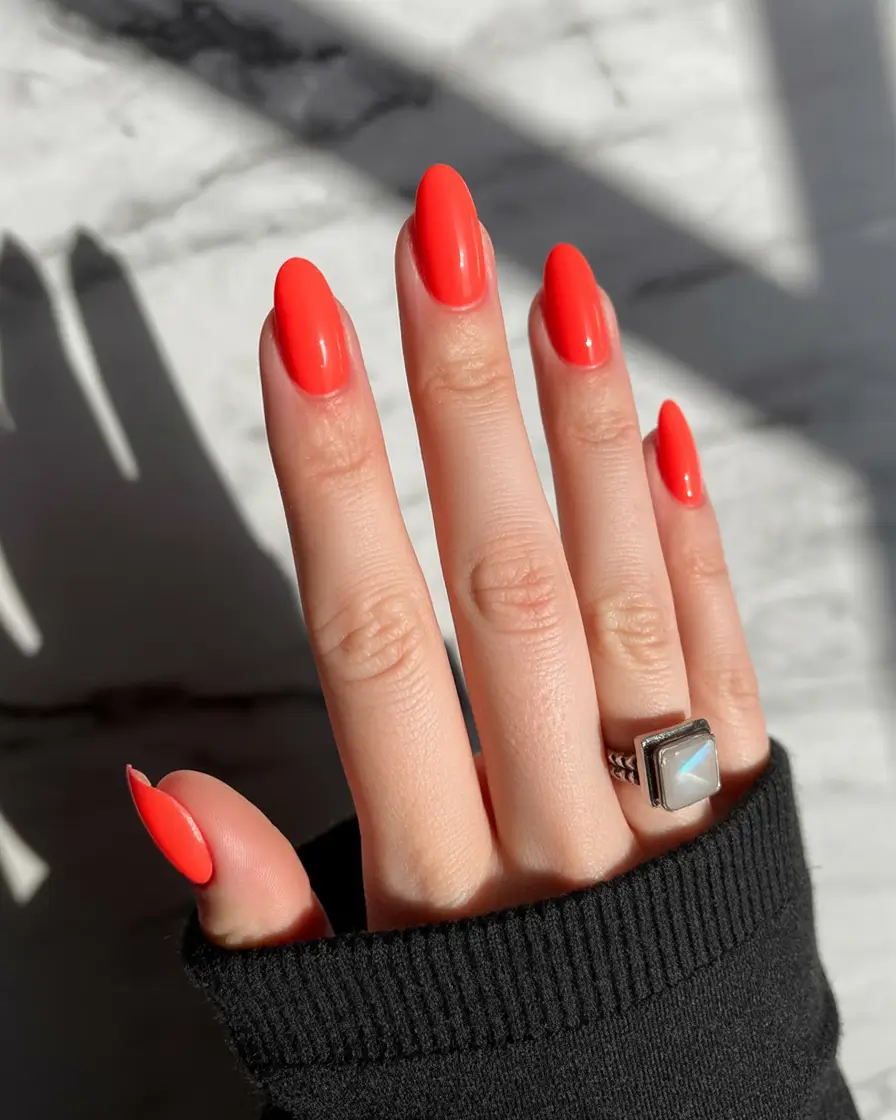 neon bright spring nails 2026 Tomato-Red Sunrise Simplicity
