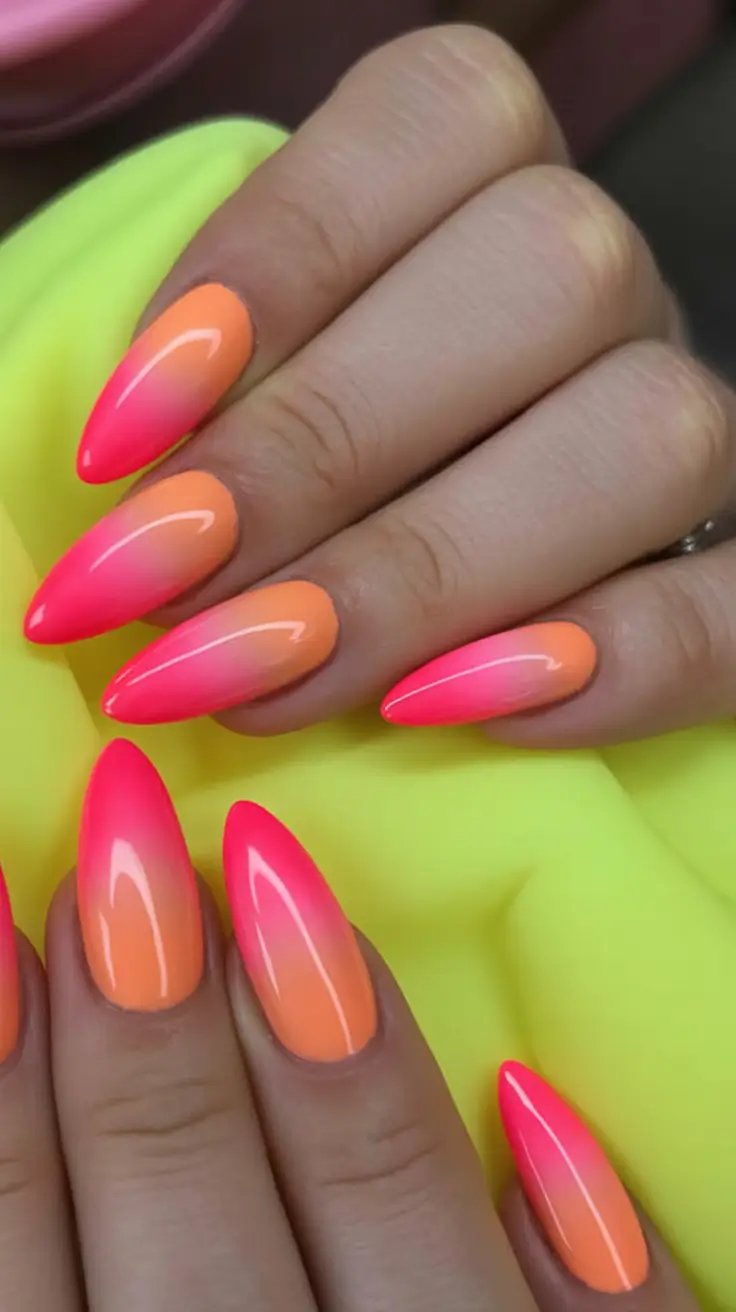 neon bright spring nails 2026 Sunset Fade Drama