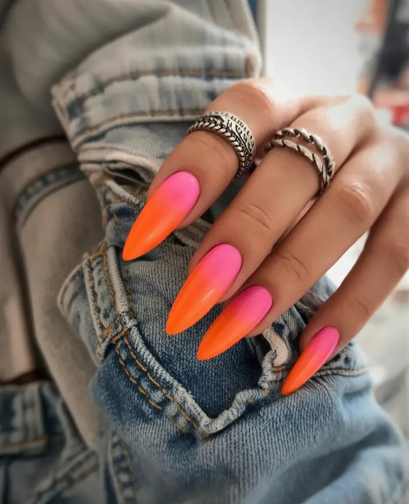 neon bright spring nails 2026 Sunset Flame Fade