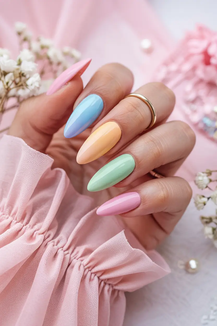pastel spring stiletto nails 2026 Classic Pastel Rainbow Stilettos in Soft Gloss