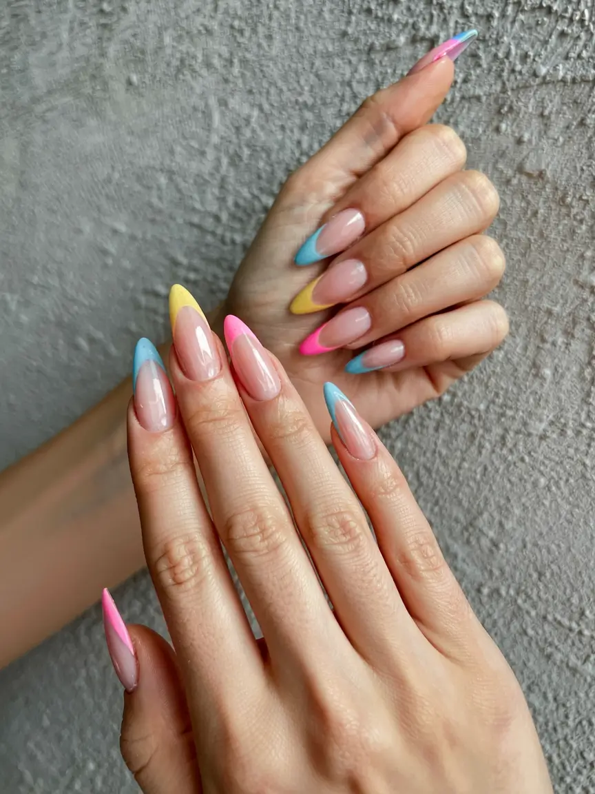 pastel spring stiletto nails 2026 Pastel Multi-Color French Stilettos with Airy Transparency