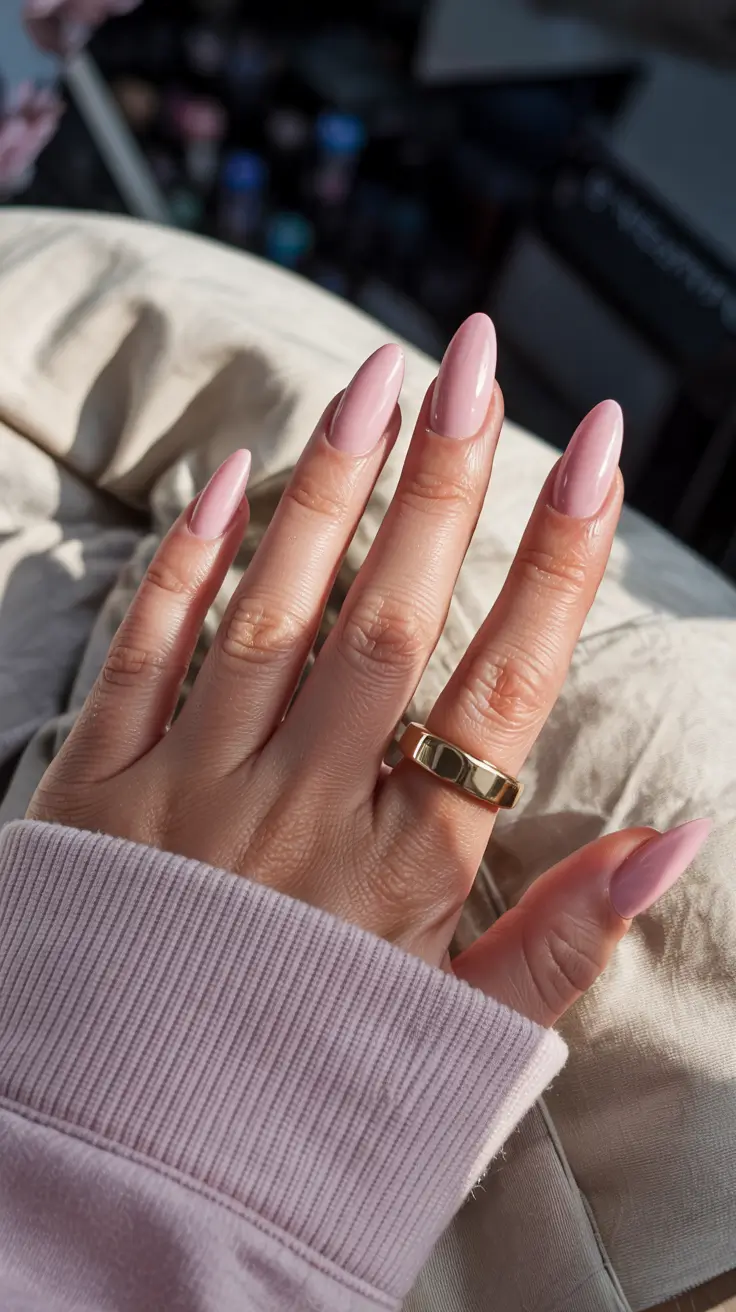 pastel spring stiletto nails 2026 Soft Rose-Petal Stilettos With a Barely-There Glow