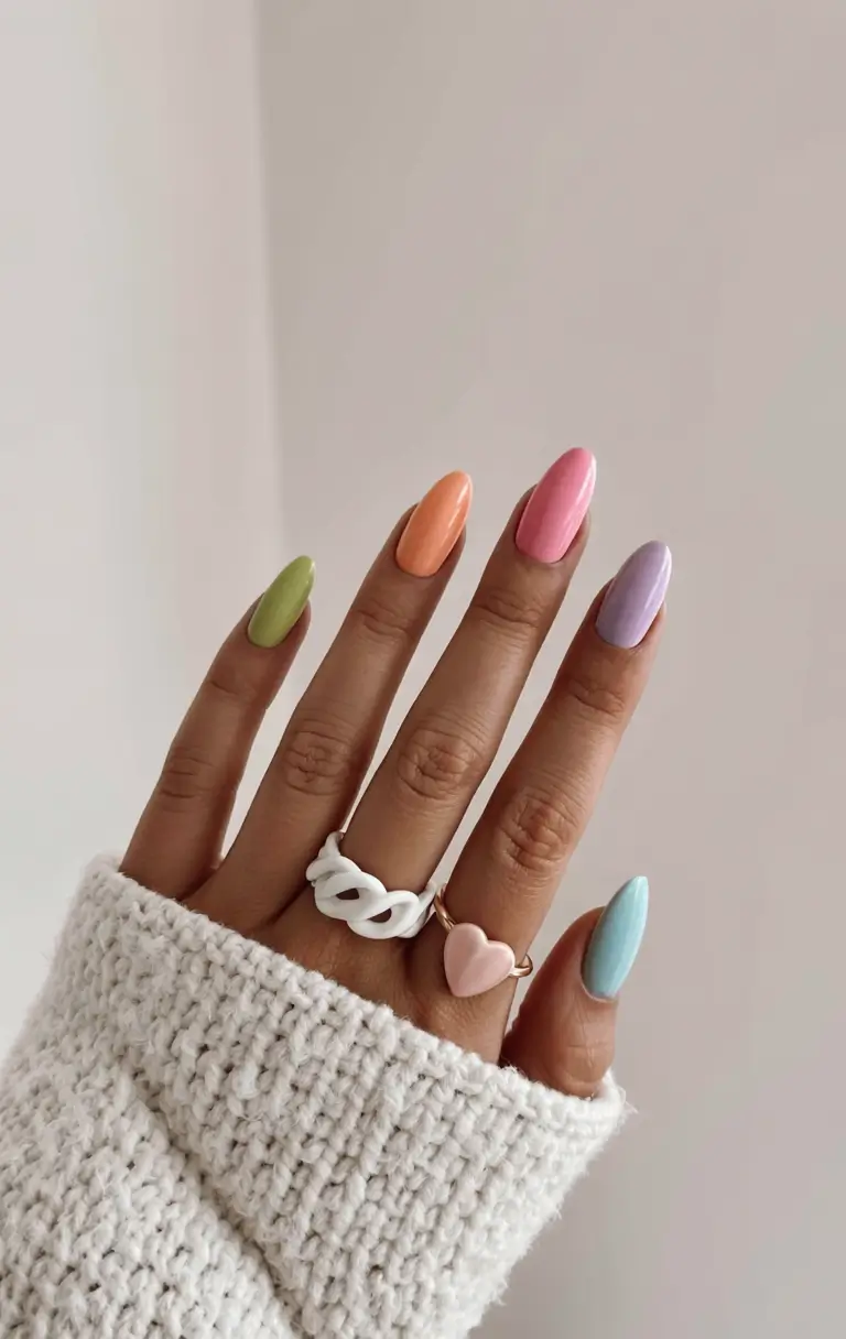 pastel spring stiletto nails 2026 Chic Multicolor Pastels for a Soft Spring Palette