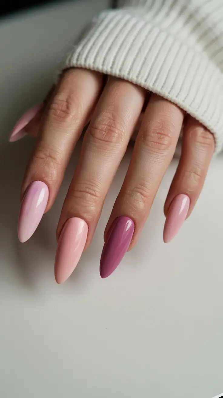 pastel spring stiletto nails 2026 Rose-to-Plum Gradient Across Stiletto Nails