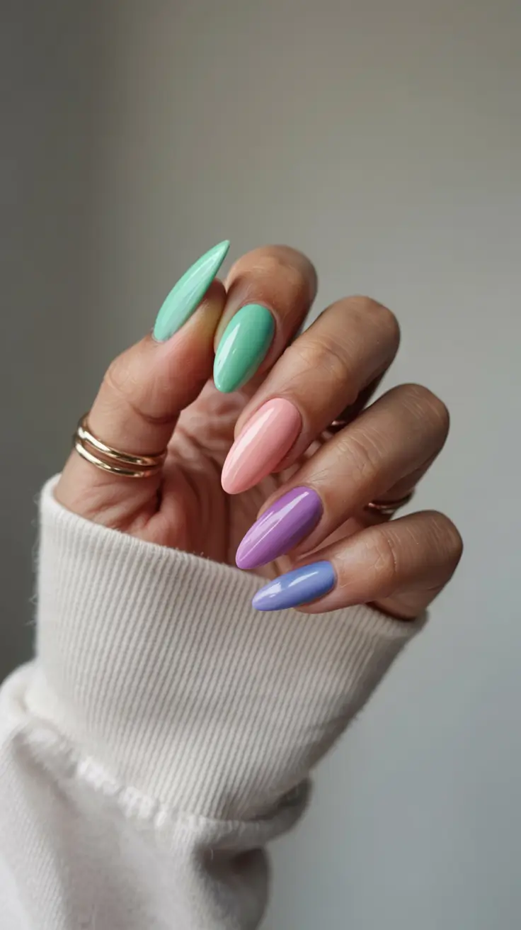 pastel spring stiletto nails 2026 Playful Pastel Rainbow Almond-Stiletto Blend