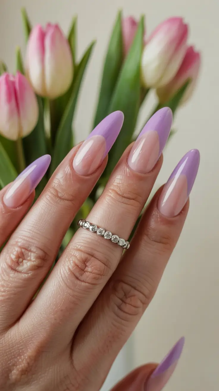pastel spring stiletto nails 2026 Lavender-Tipped Stilettos With Soft Floral Transparency