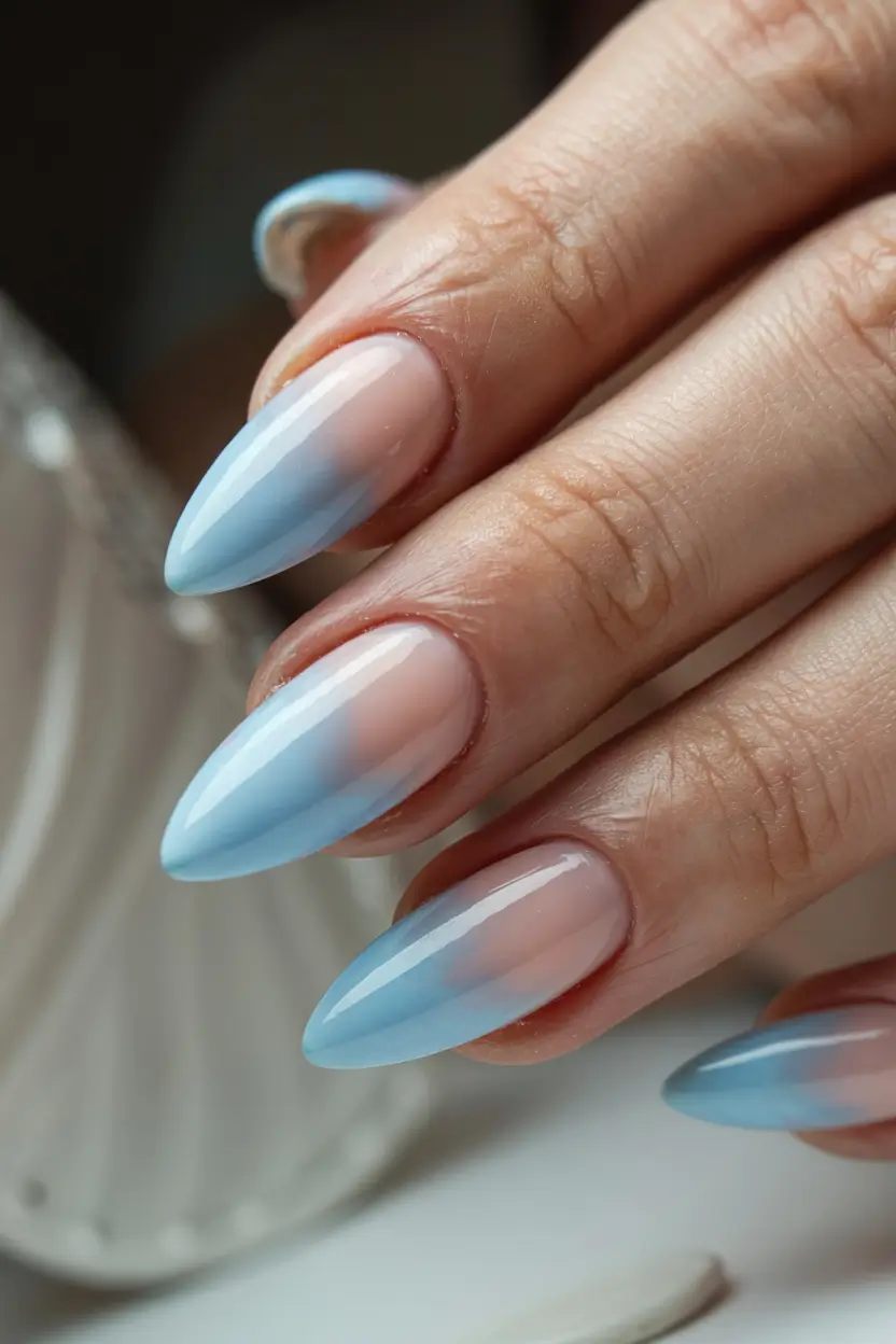 pastel spring stiletto nails 2026 Sky-Fade Pastel Stilettos With Airbrushed Serenity
