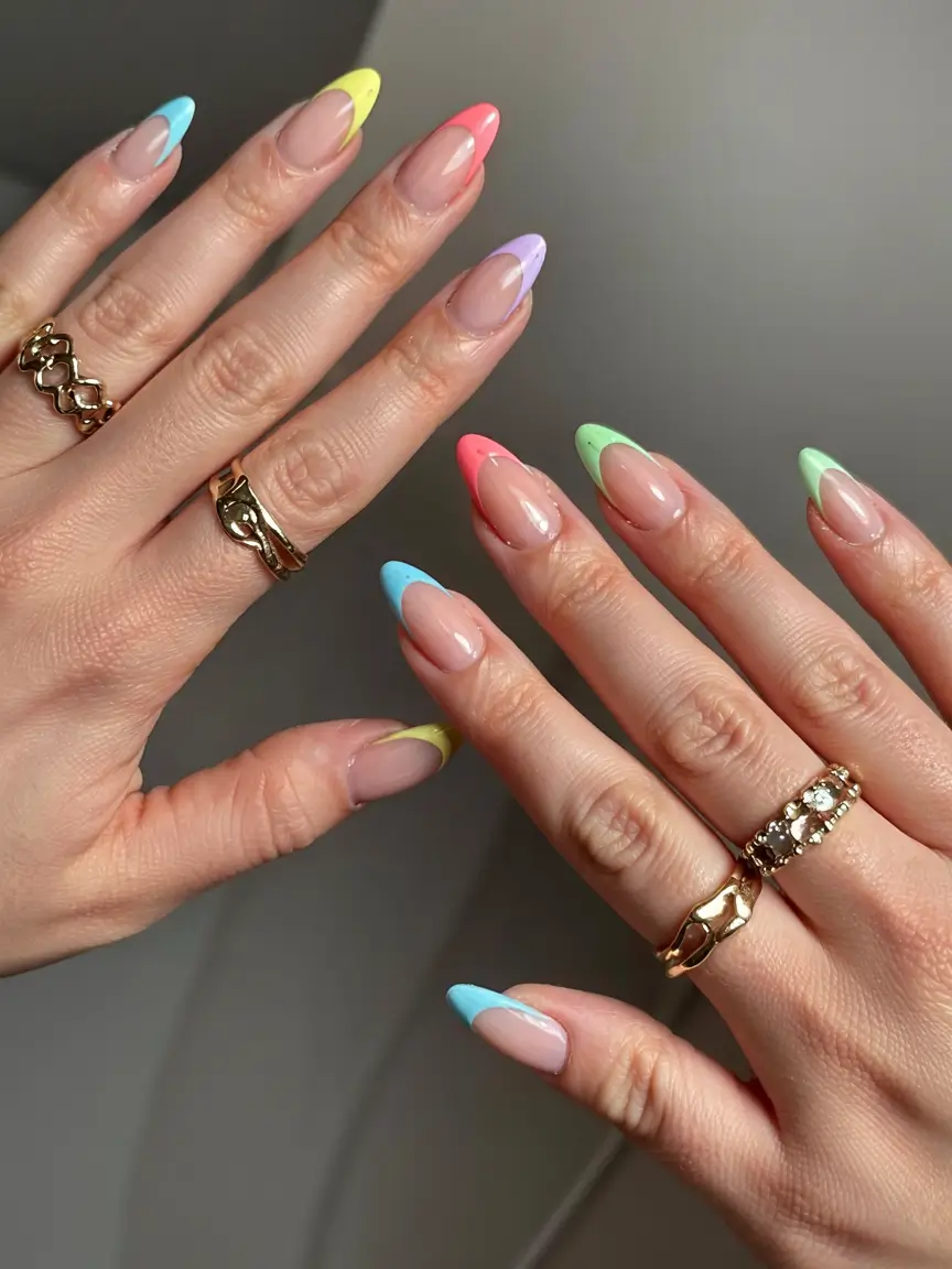 pastel spring stiletto nails 2026 Pastel Micro-French Stilettos With Playful Spring Tips