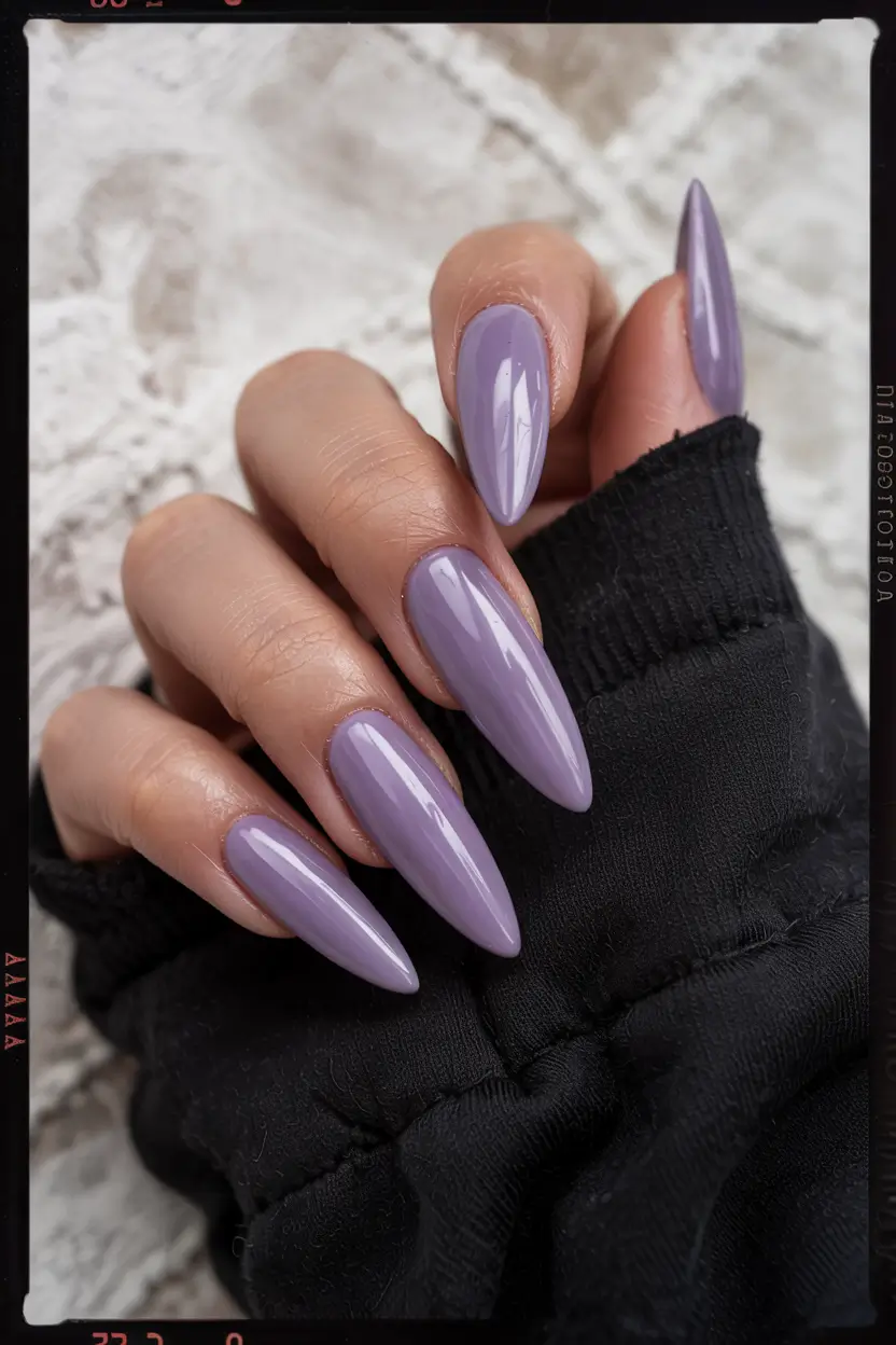 pastel spring stiletto nails 2026 Misty Lilac Glass-Shine Stilettos