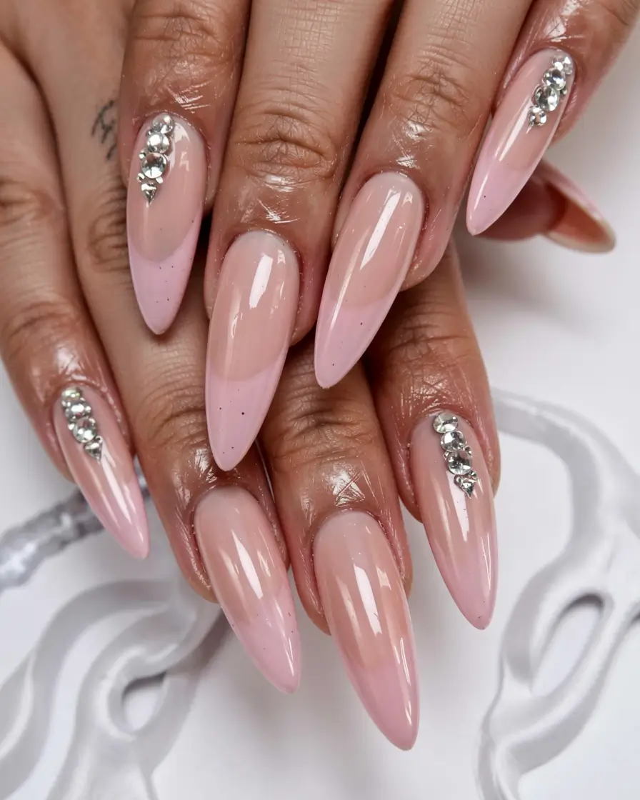 pastel spring stiletto nails 2026 Blush Petal Stilettos With Crystal Rows