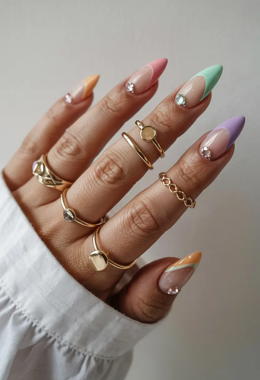 pastel spring stiletto nails 2026 Pastel Colorblocked Stilettos With Gem Highlights