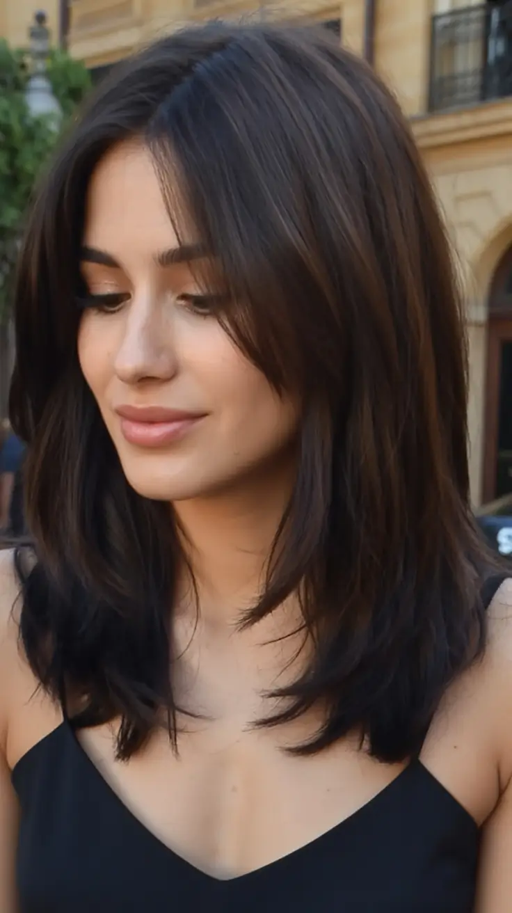 playful spring short haircut 2026 Soft Layered Midi Cut with Curtain Framing