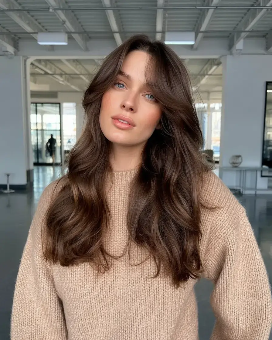 rich spring brunette hair color 2026+Blended Chestnut Layers with Airy Curtain Bangs
