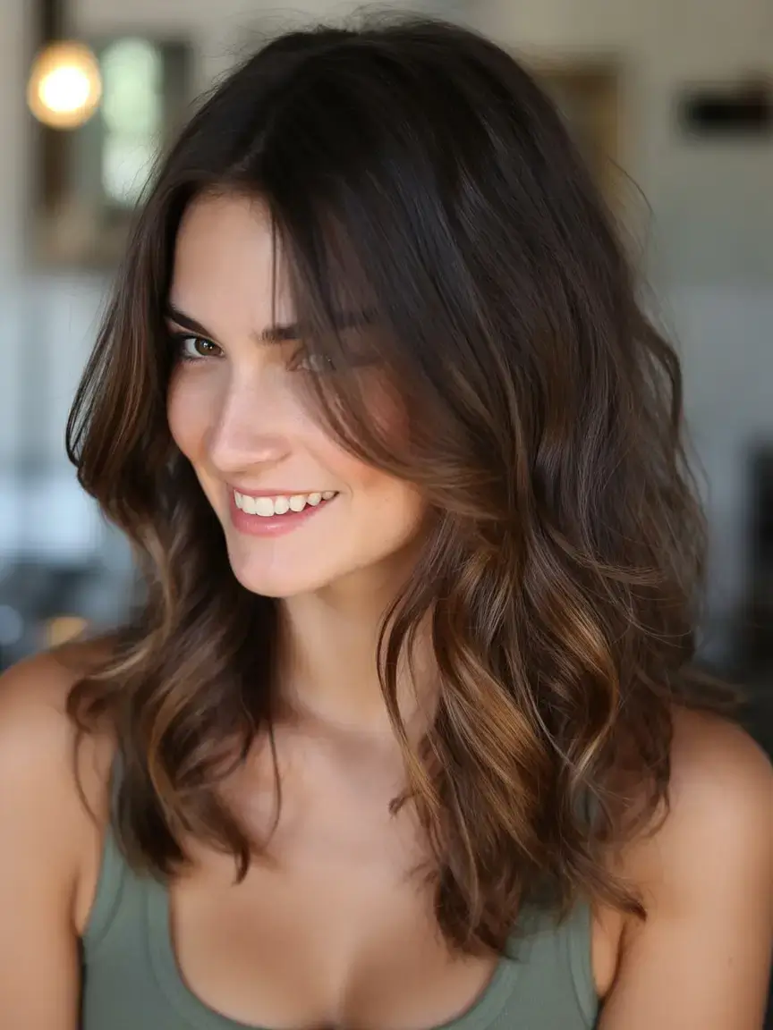 rich spring brunette hair color 2026+Choppy Cinnamon Lob with Natural Texture