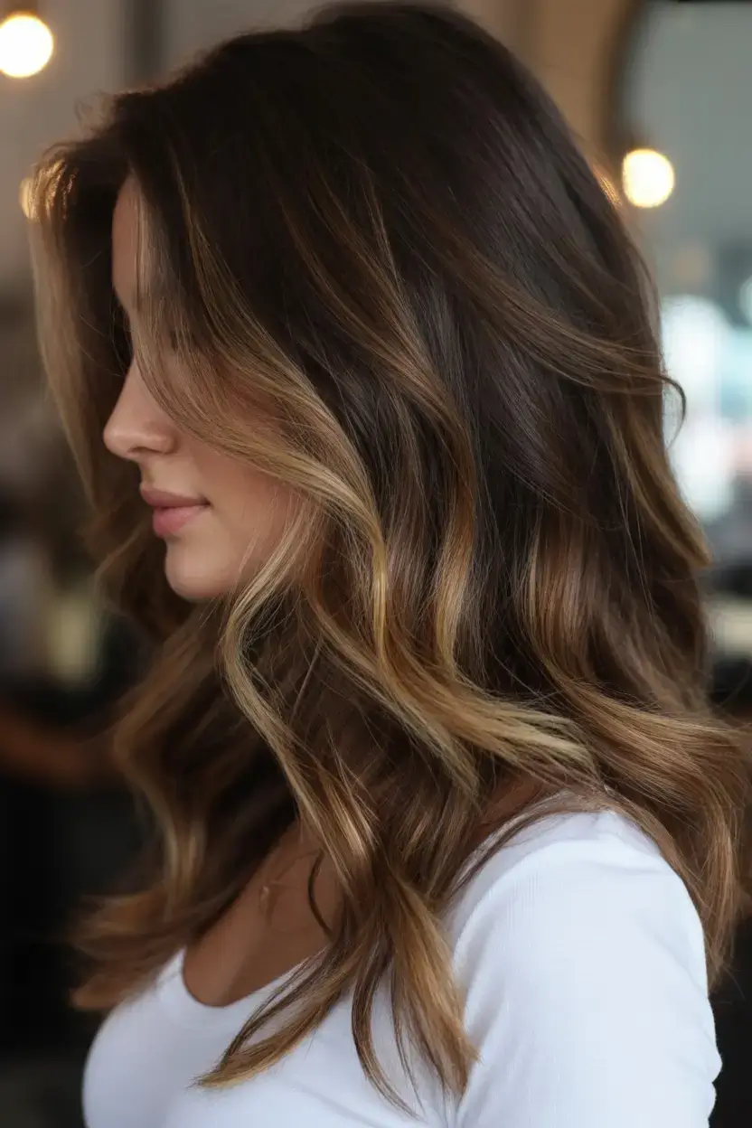 rich spring brunette hair color 2026+Golden Latte Dimension with Money Piece Highlights