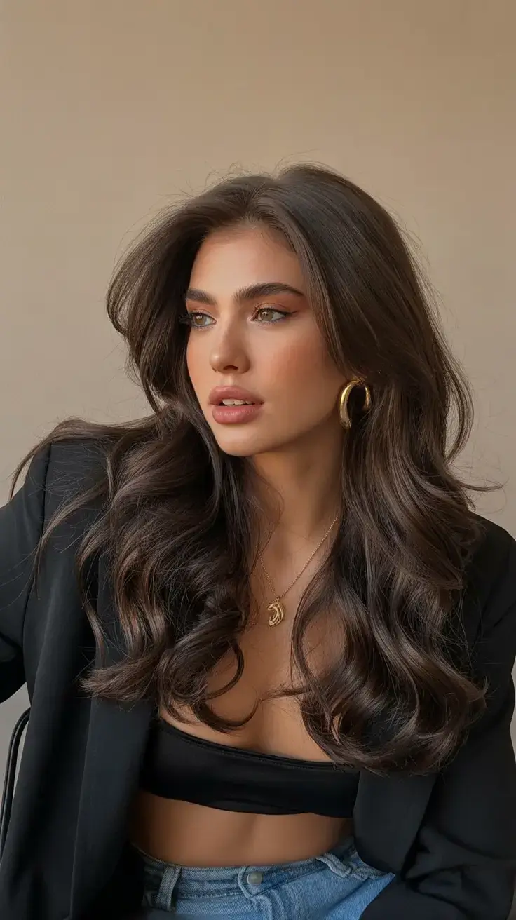 rich spring brunette hair color 2026+Espresso Siren Waves with Full Volume