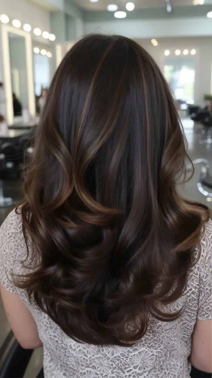 rich spring brunette hair color 2026+Velvet Brunette with Caramel Smoke Streaks