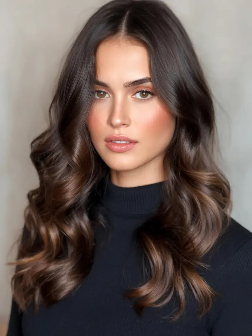 rich spring brunette hair color 2026+Glossed Hazelnut Ends with Sculpted Soft Curls
