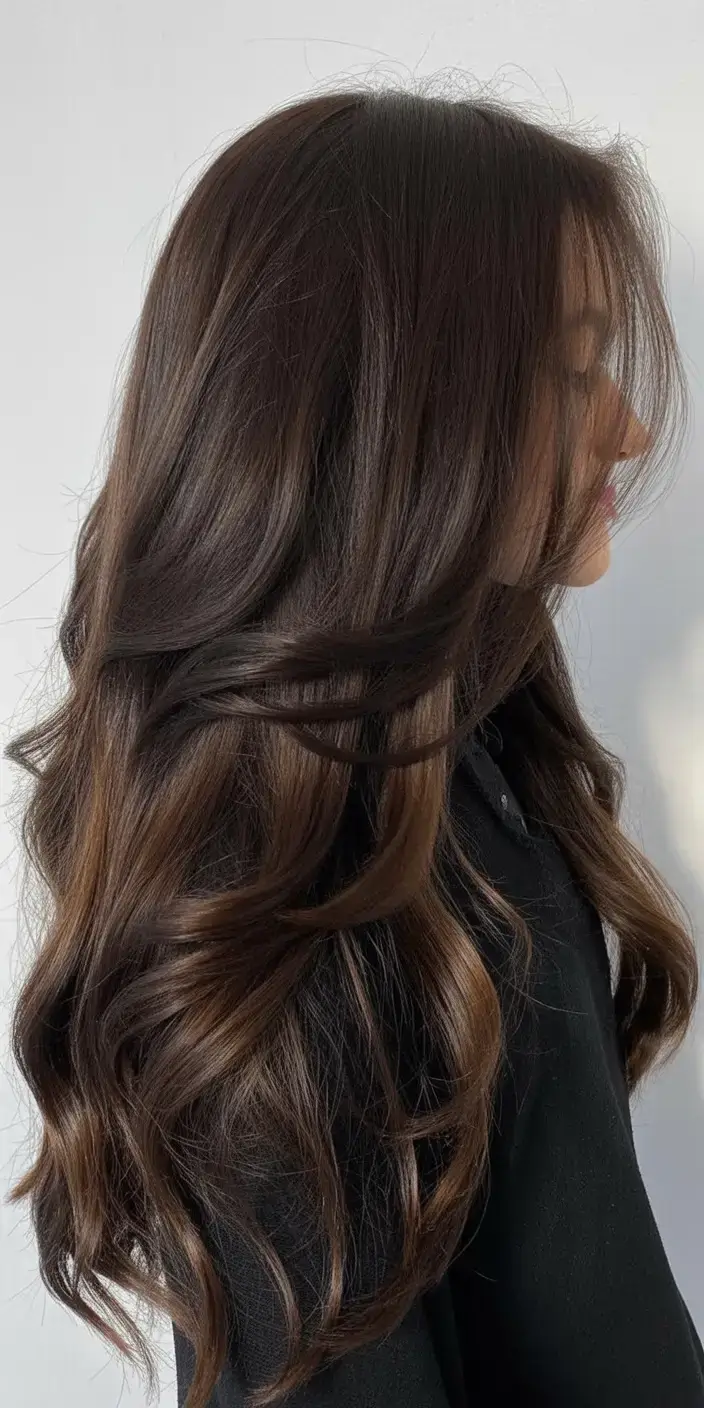 rich spring brunette hair color 2026+Feathered Cocoa Layers with Windswept Texture